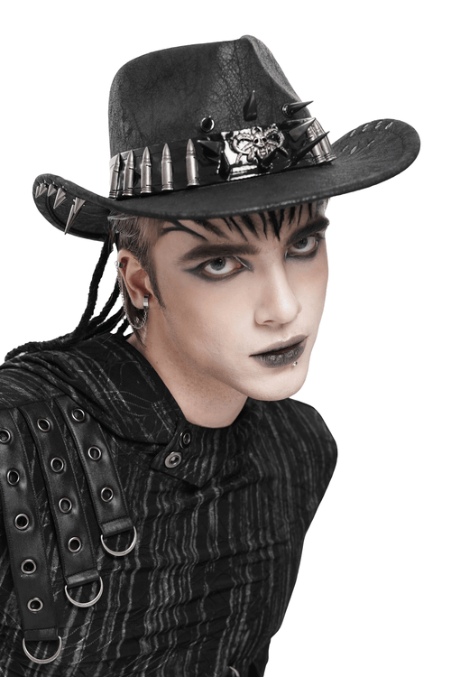 Sombrero Vaquero Gótico con Balas de Metal y Diseño de Calavera