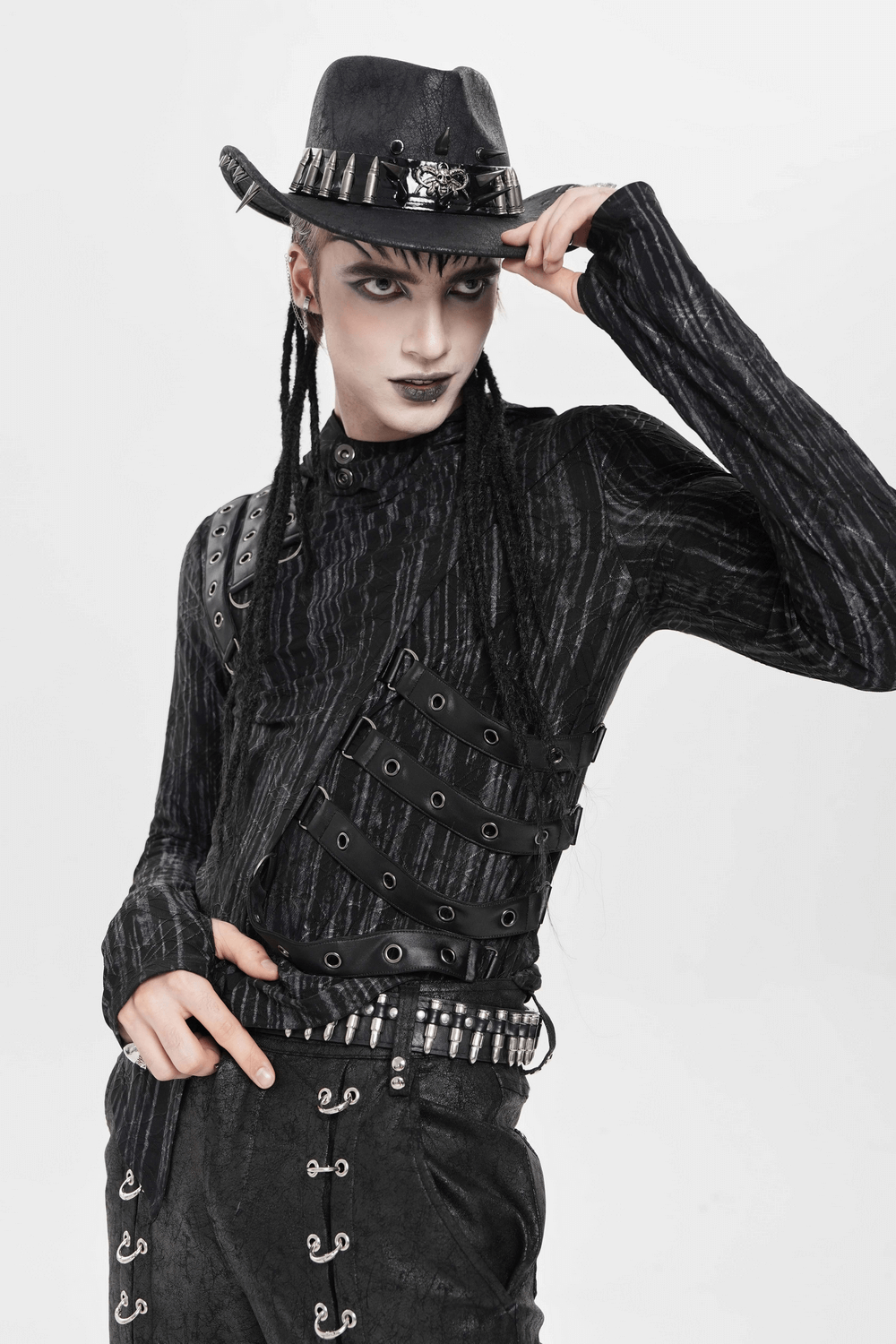 Gothic Cowboy Hat with Metal Bullets and Skull Design worn by a model showcasing gothic fashion style.