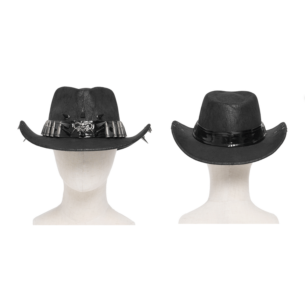 Gothic Cowboy Hat with Metal Bullets and Skull Design showcasing a striking skull centerpiece and bullet accents.