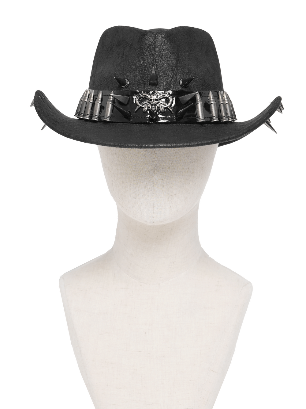 Gothic Cowboy Hat with Metal Bullets and Skull Design featuring a skull centerpiece and bullet accents.
