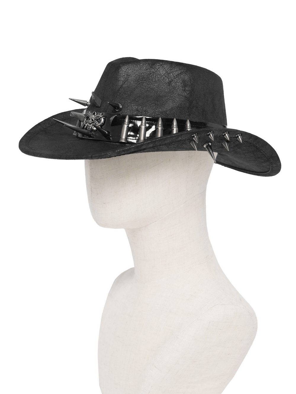 Gothic Cowboy Hat with Metal Bullets and Skull Design on a mannequin showcasing its fierce style.