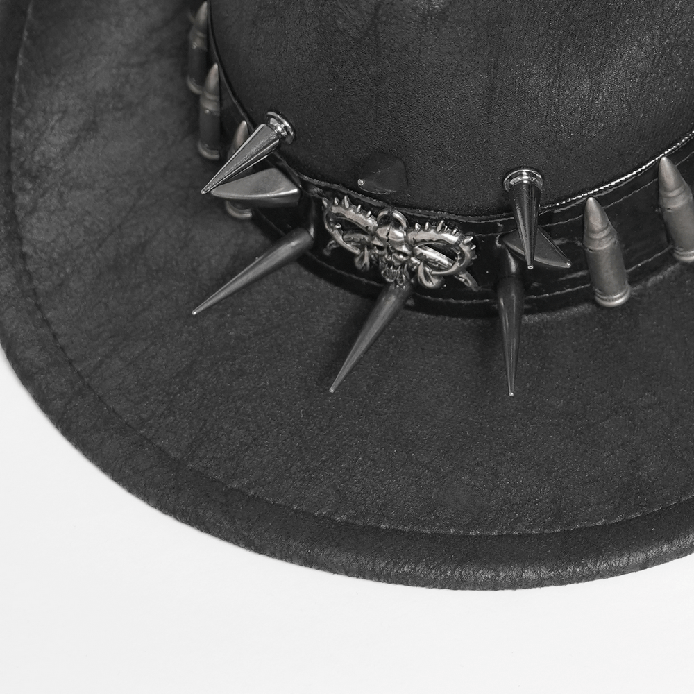 Gothic Cowboy Hat with Metal Bullets and Skull Design featuring spikes and skull centerpiece.