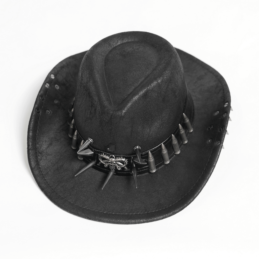 Gothic Cowboy Hat with Metal Bullets and Skull Design, featuring faux leather and metal accents.