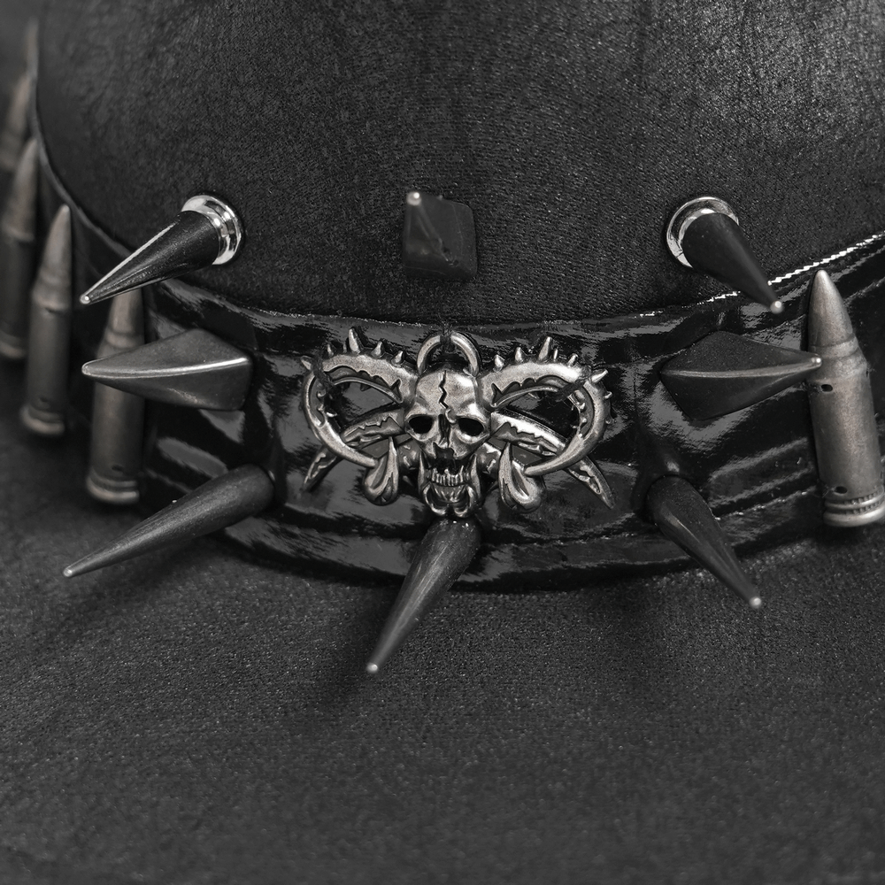 Gothic Cowboy Hat with Metal Bullets and Skull Design close-up showing bullet accents and skull centerpiece