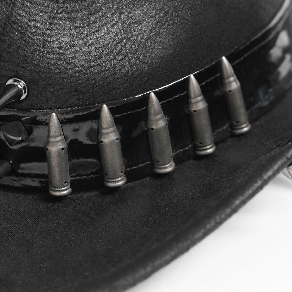 Gothic Cowboy Hat with Metal Bullets and Skull Design showcasing bullet accents on faux leather.