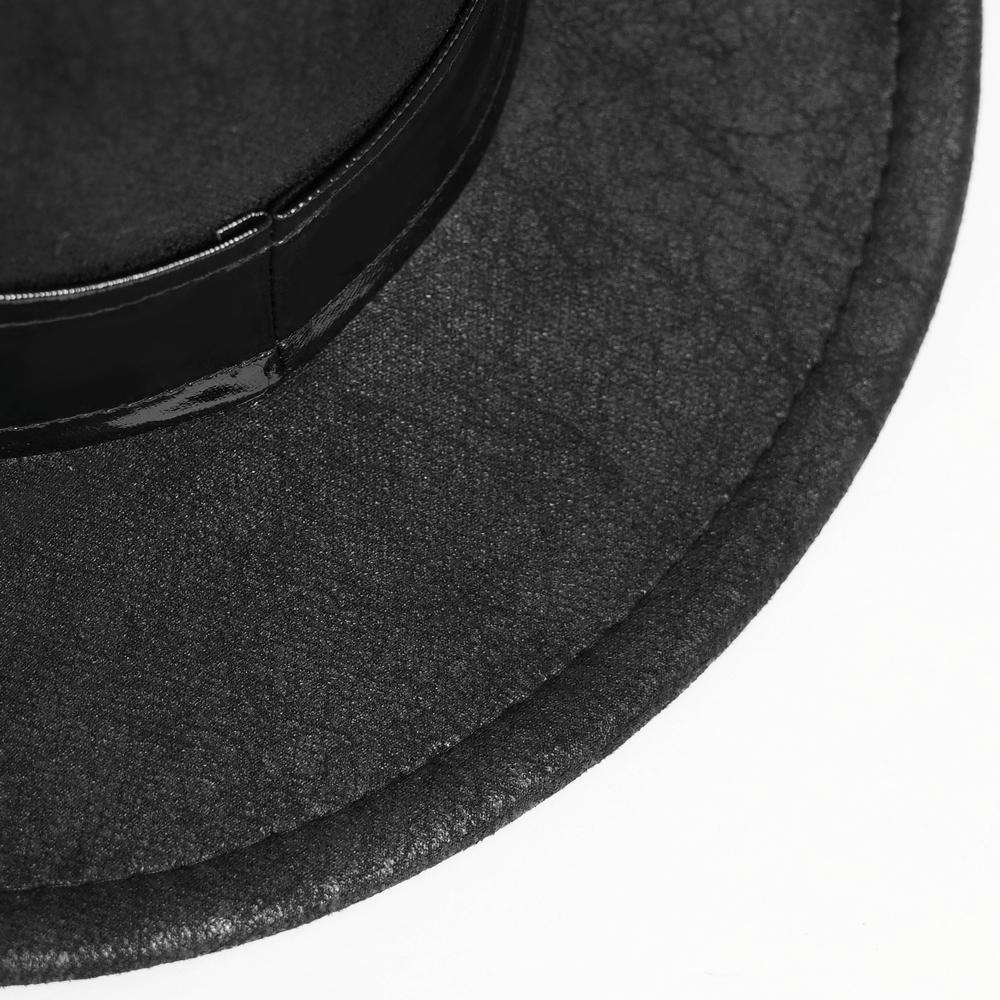 Gothic Cowboy Hat with Metal Bullets and Skull Design close-up showing textured black faux leather details.