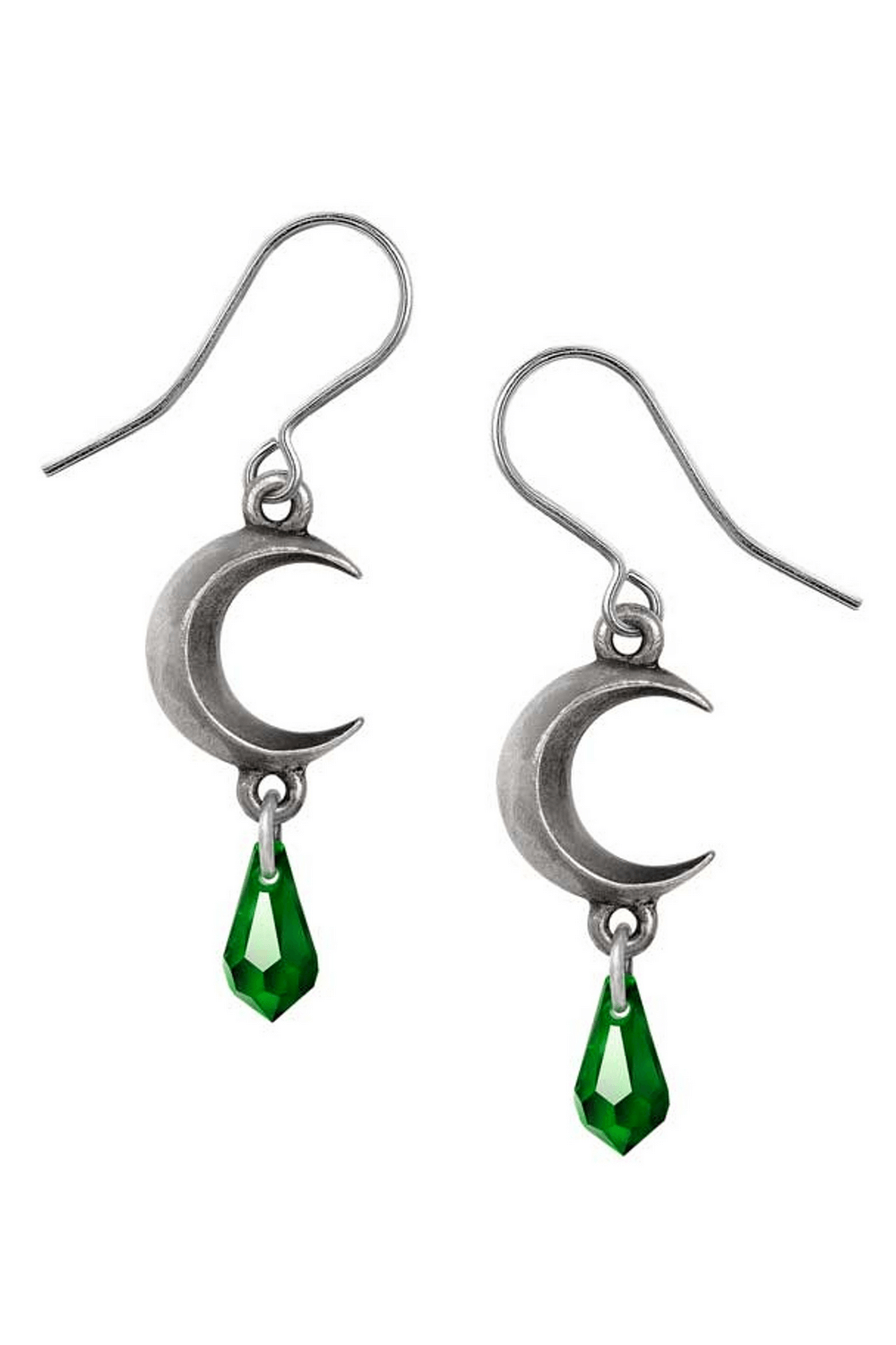 Gothic crescent moon earrings with a green crystal drop, showcasing mystical elegance and handcrafted pewter design.