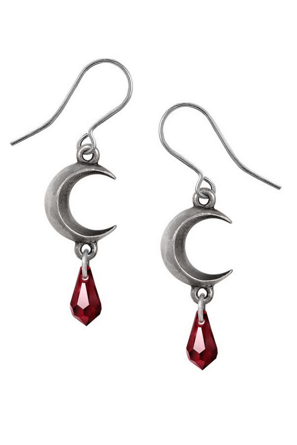 Gothic crescent moon earrings with red crystal drop, featuring handmade pewter details for a mystical look.