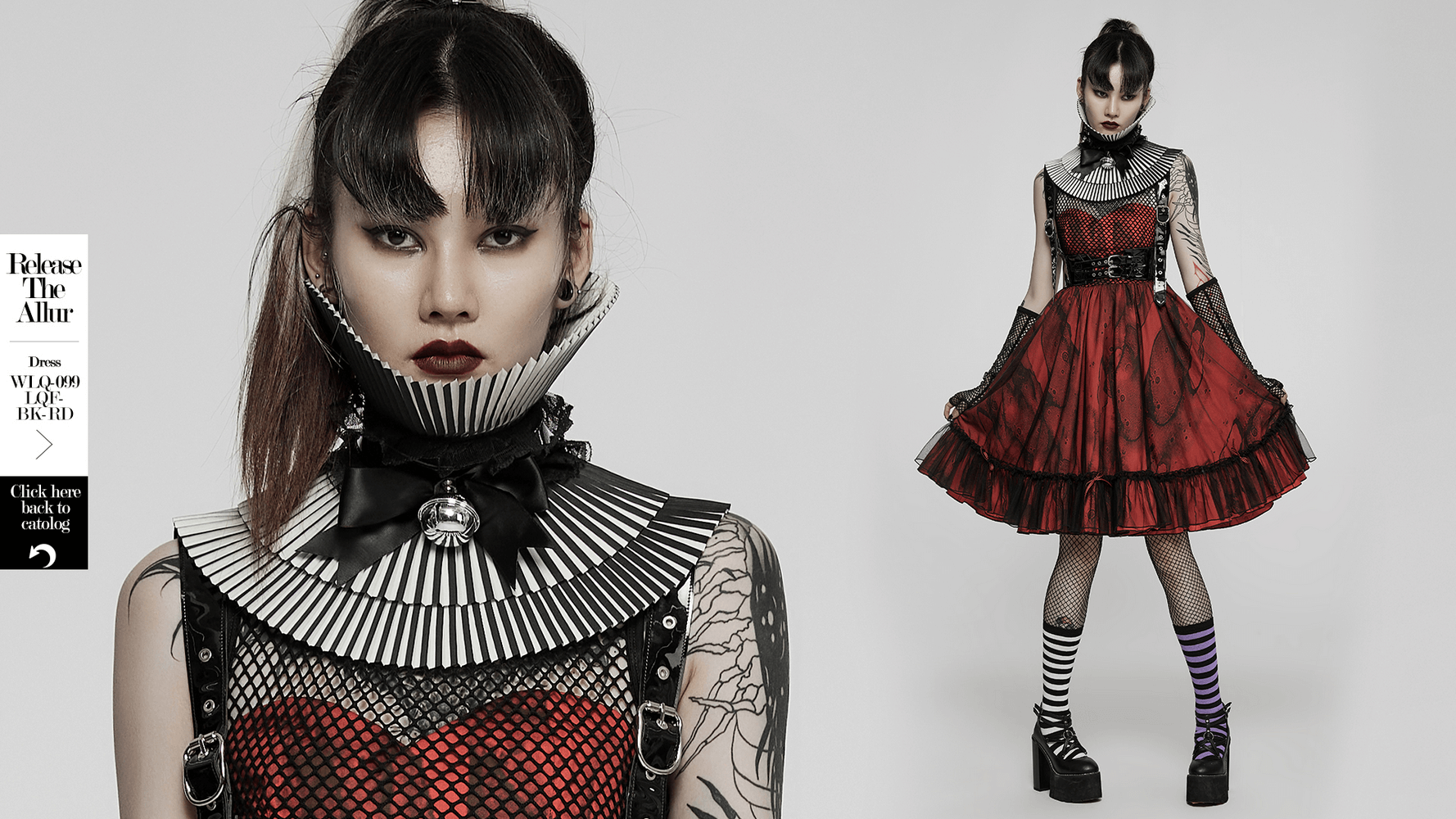 Gothic crimped collar with detachable bow worn by model, featuring dramatic black and white design, perfect for punk fashion.