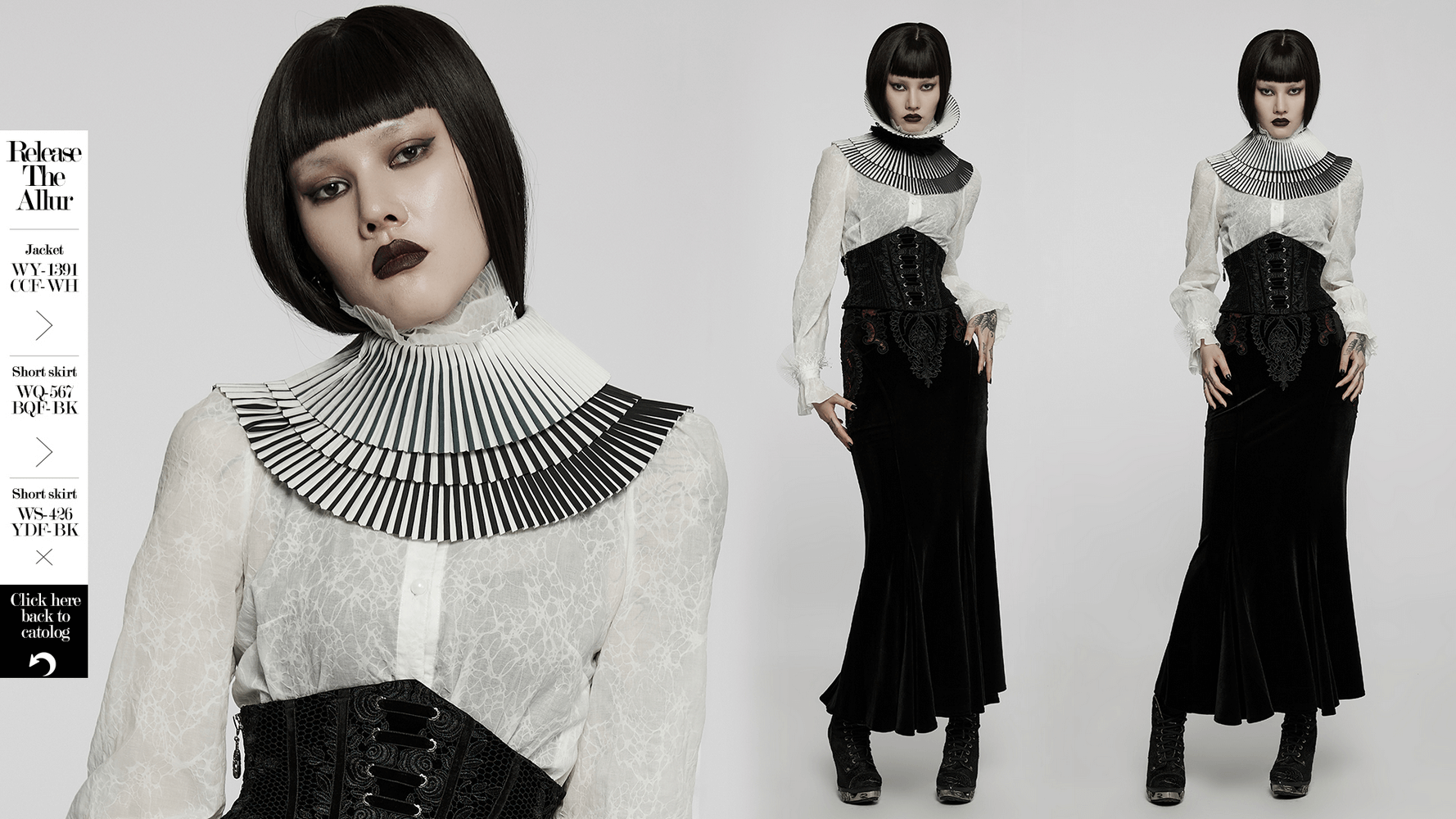 Gothic black and white detachable bow collar showcasing a unique crimped design, styled with a dramatic outfit.