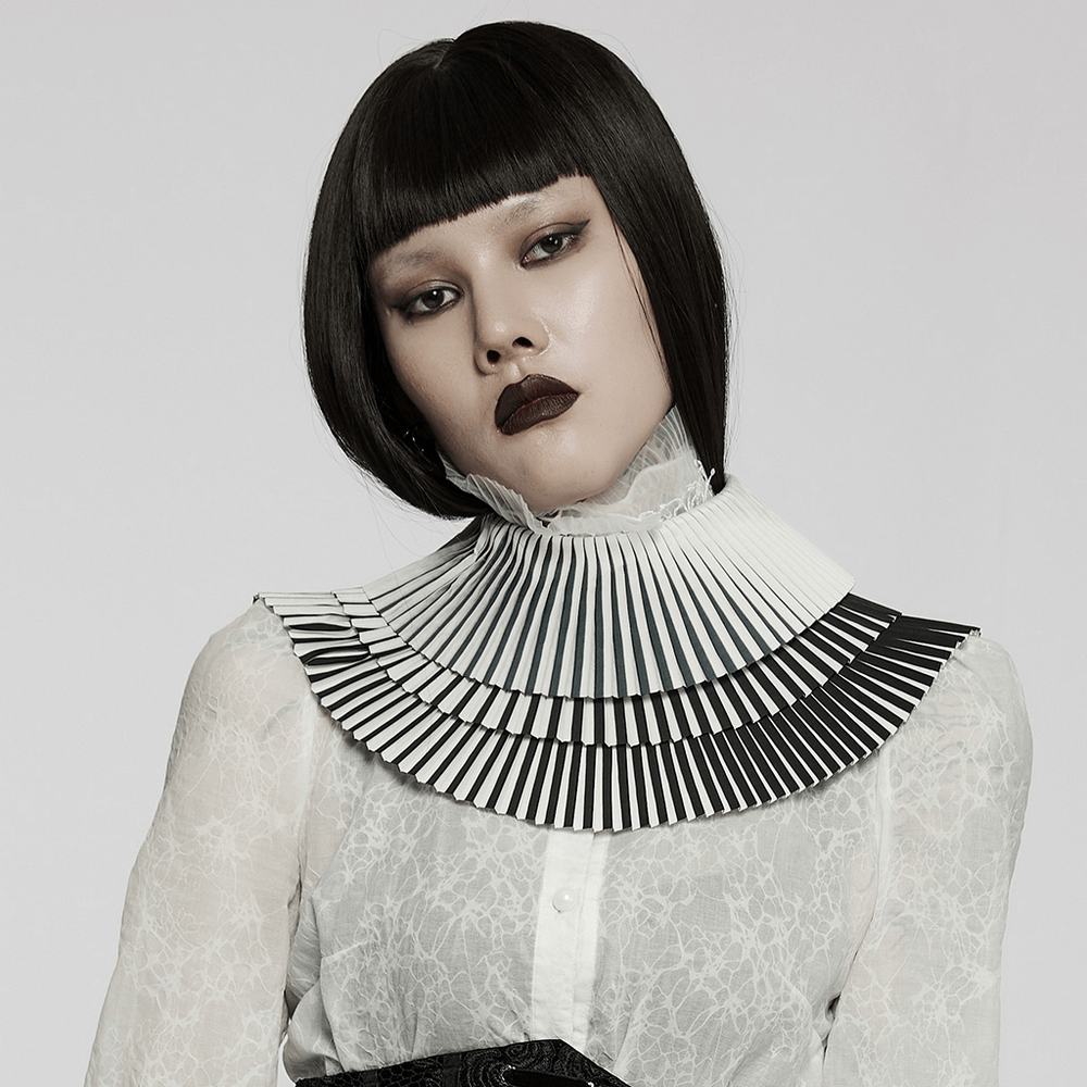 Gothic crimped detachable bow collar with 3D skull accent, styled for a dramatic look.