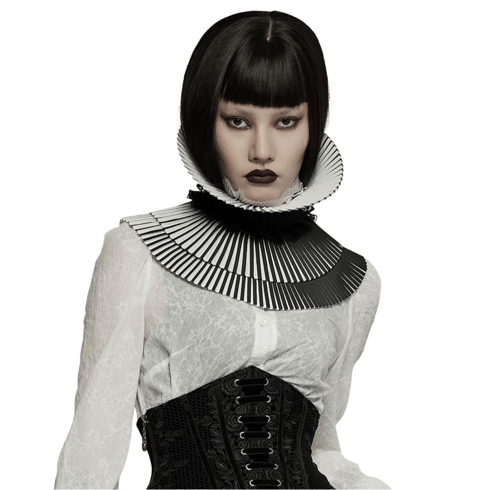 Gothic detachable bow collar for women, featuring crimped fabric and a striking black and white design.