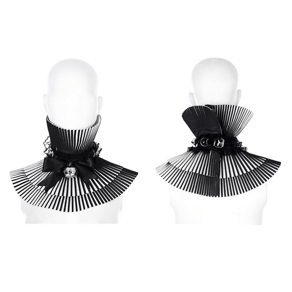 Gothic black and white crimped collar with removable bow and skull accent, perfect for punk fashion.