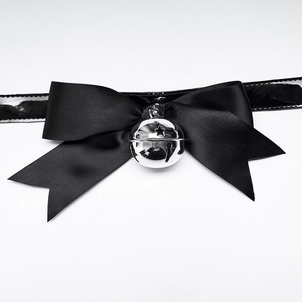 Elegant black satin bow collar with a shiny silver bell accent for a playful, striking Gothic look.