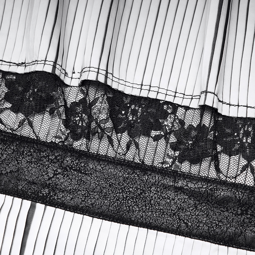 Close-up of a gothic collar featuring pleated black fabric and intricate lace detailing for a unique look.