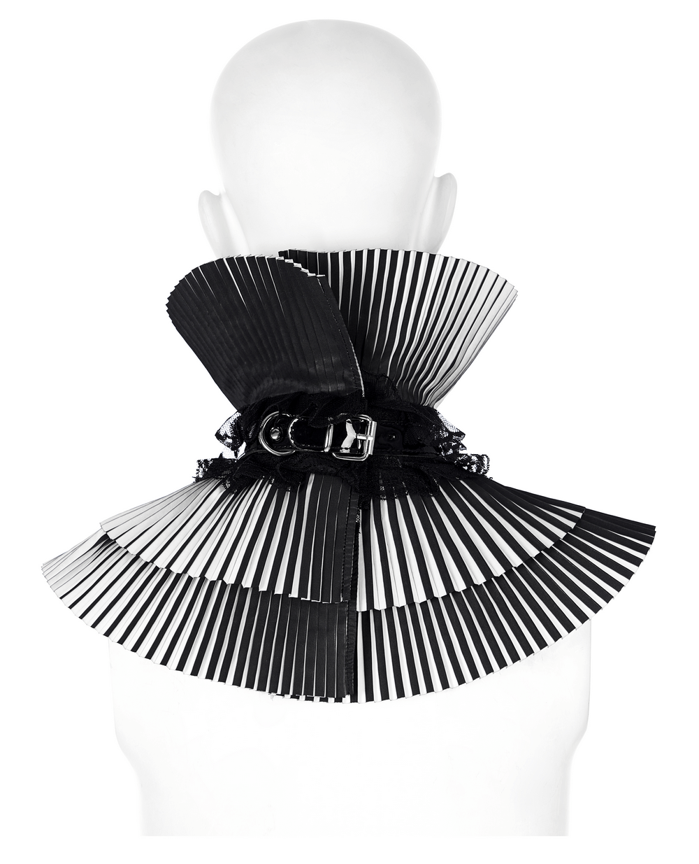 Black and white Gothic crimped collar with adjustable fit and removable bow accentuating a unique punk style.