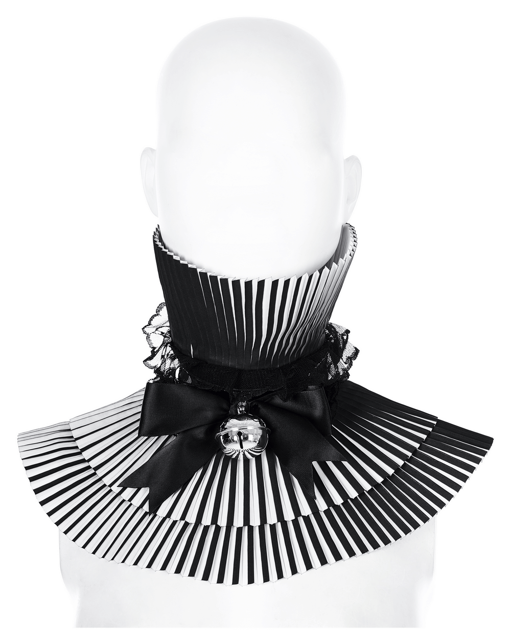 Gothic crimped detachable bow collar with skull accent in black and white, adjustable fit for a unique fashion look.