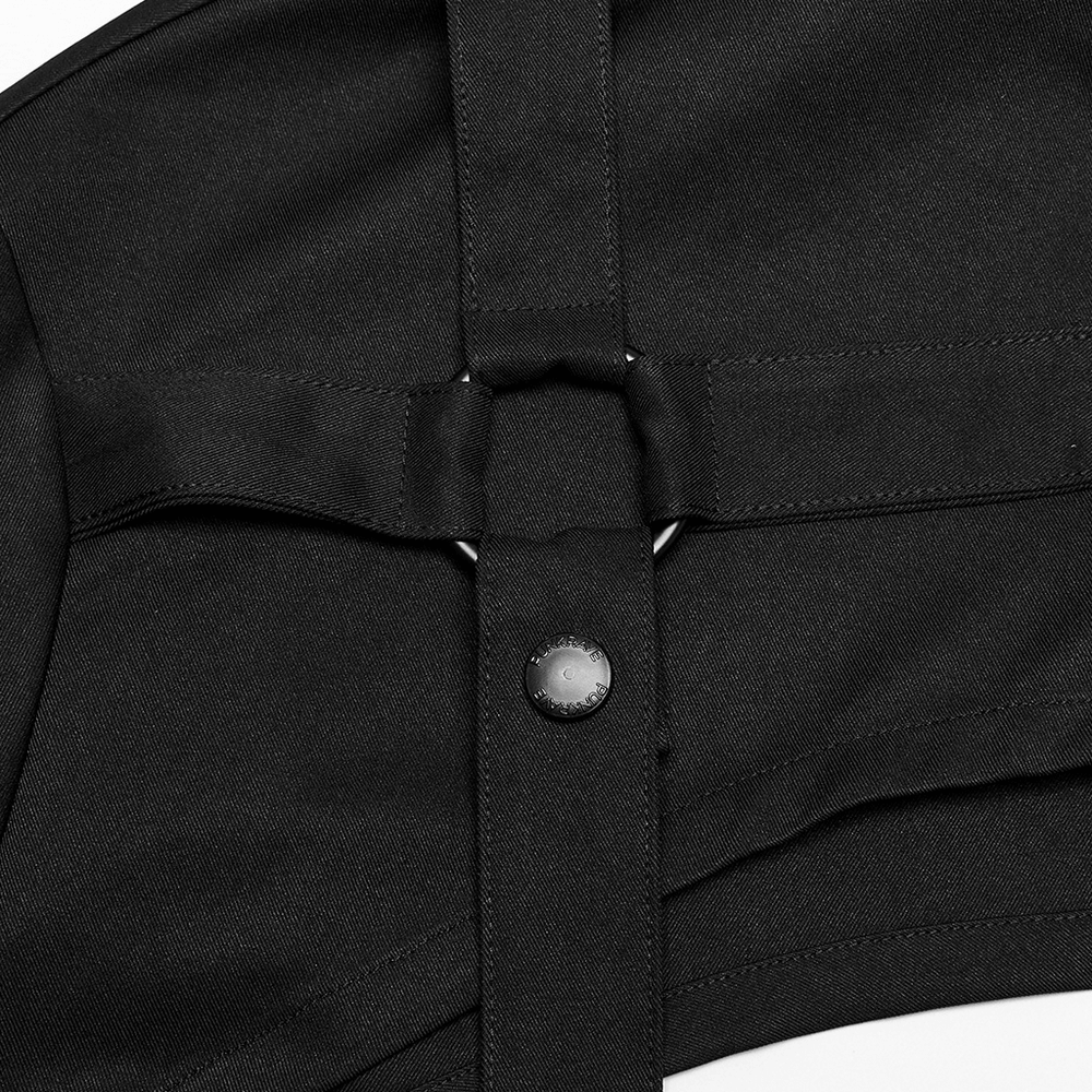 Close-up of Gothic cropped jacket showcasing metal loop and ribbon details for a stylish edgy look.