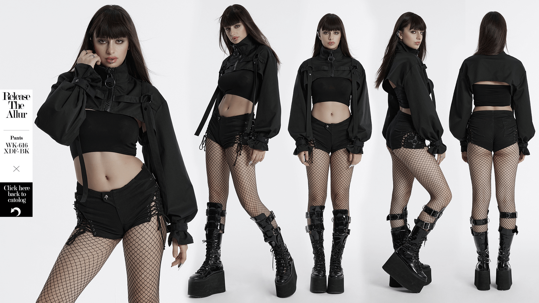 Gothic cropped jacket featuring metal loops and ribbon details, styled with fishnet and platform boots.