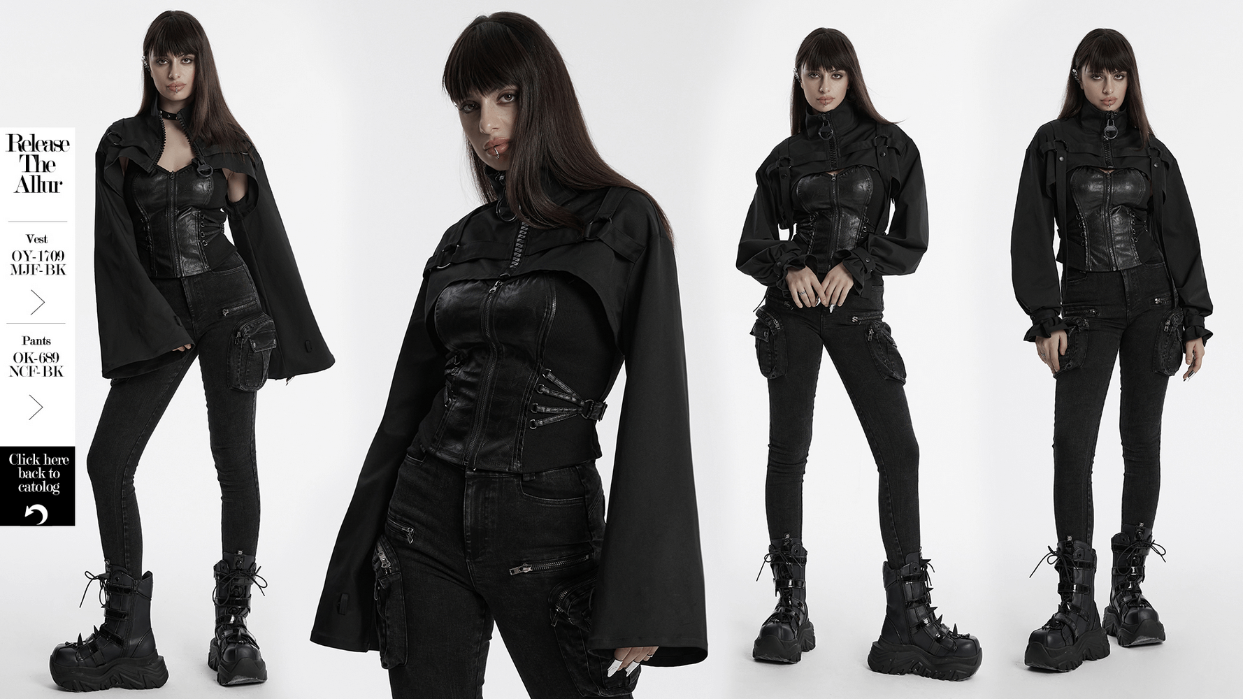 Gothic cropped jacket featuring metal loop and ribbon details, styled with edgy black pants and chunky boots.