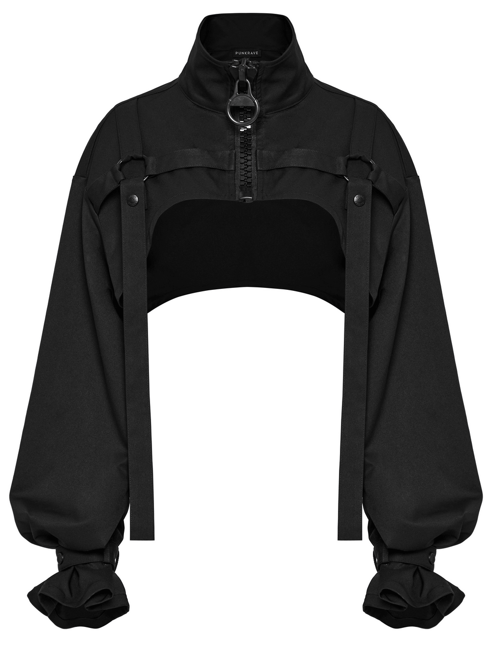 Gothic cropped jacket featuring stylish metal loop and ribbon details for a bold, edgy look.