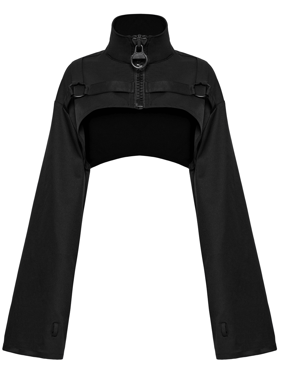 Gothic cropped jacket featuring metal loop and ribbon details, stylish and edgy for a unique fashion statement.