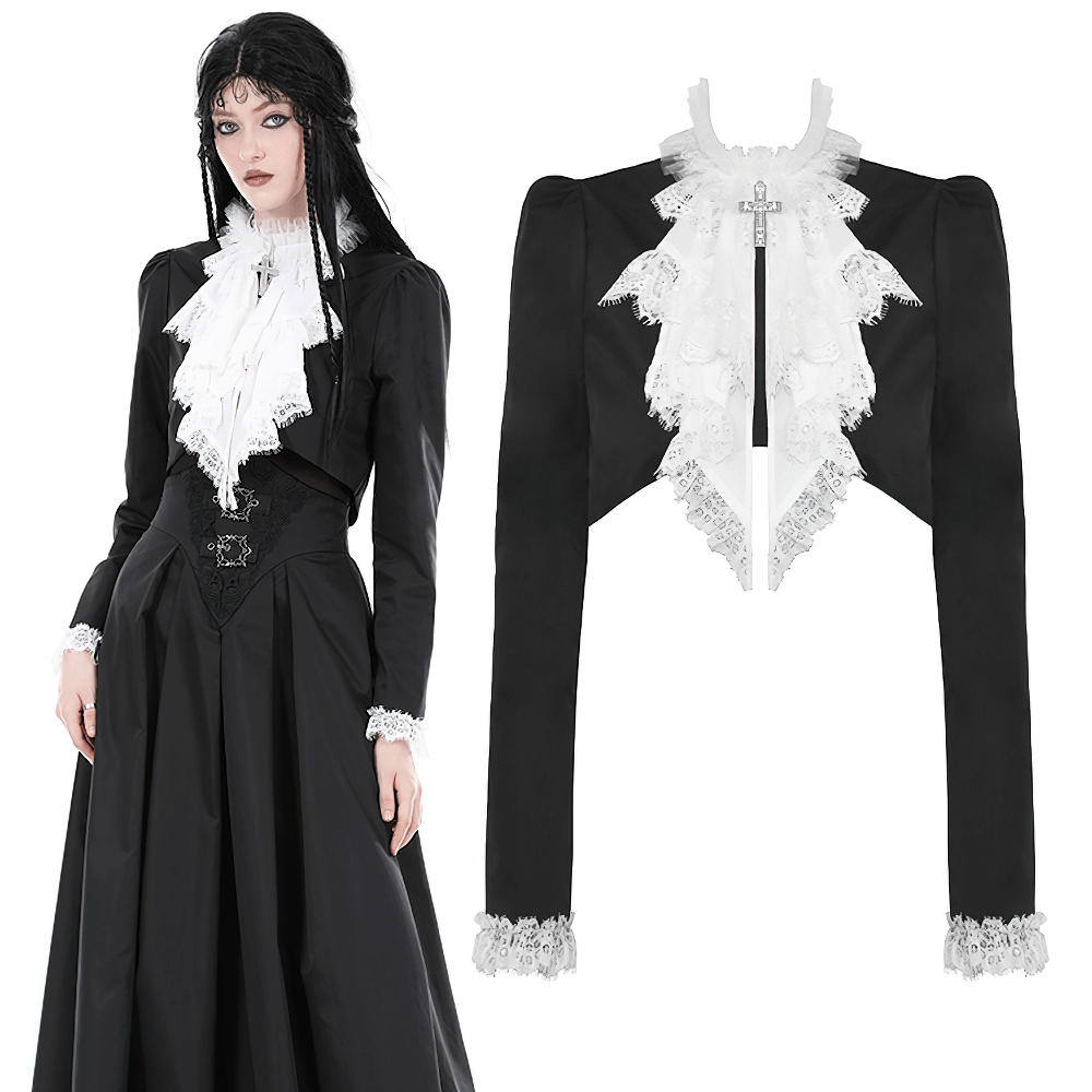 Gothic cropped black jacket with white lace ruffle collar, stylish and versatile, perfect for a chic outfit transformation.