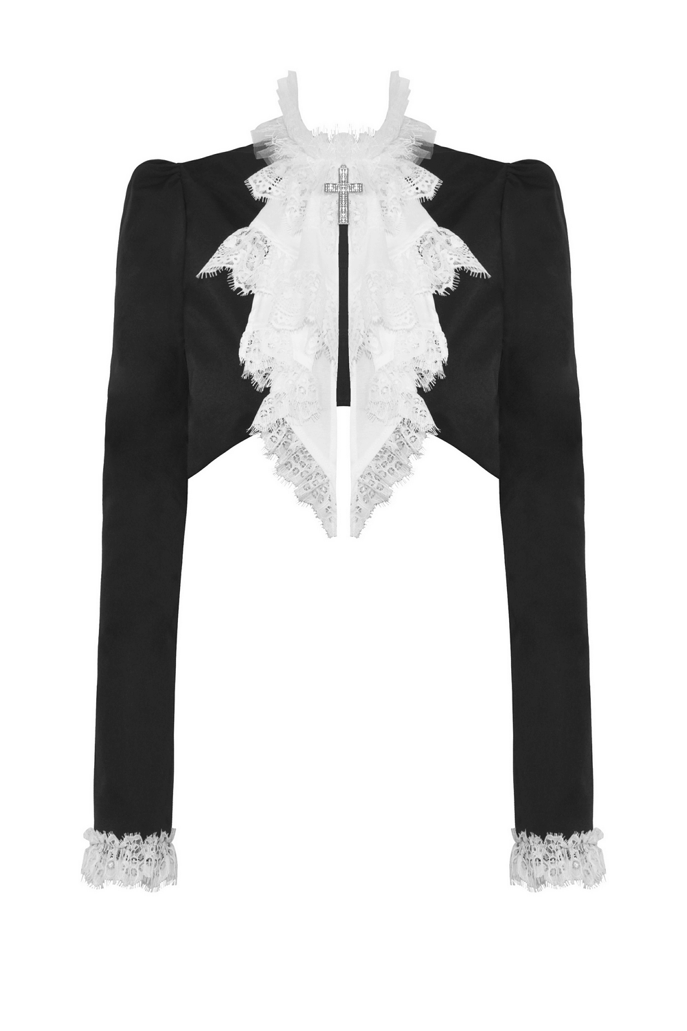 Gothic cropped black jacket with white lace ruffle collar and sleeve details, perfect for edgy style.