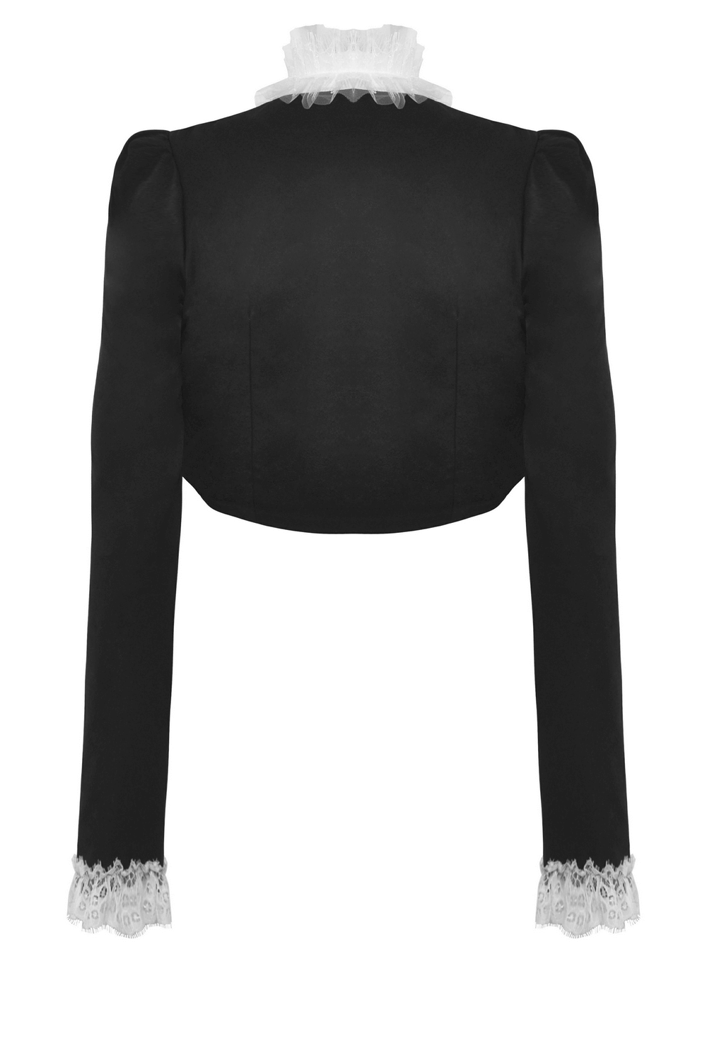 Gothic cropped black jacket with white lace collar and cuffs, showcasing elegant detailing perfect for trendy outfits.