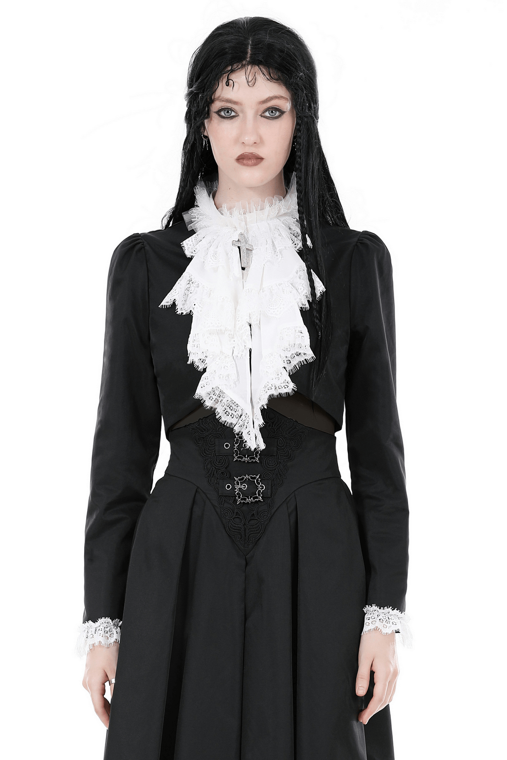 Gothic cropped black lace short jacket with white ruffle collar, perfect for chic outfits and versatile styling.