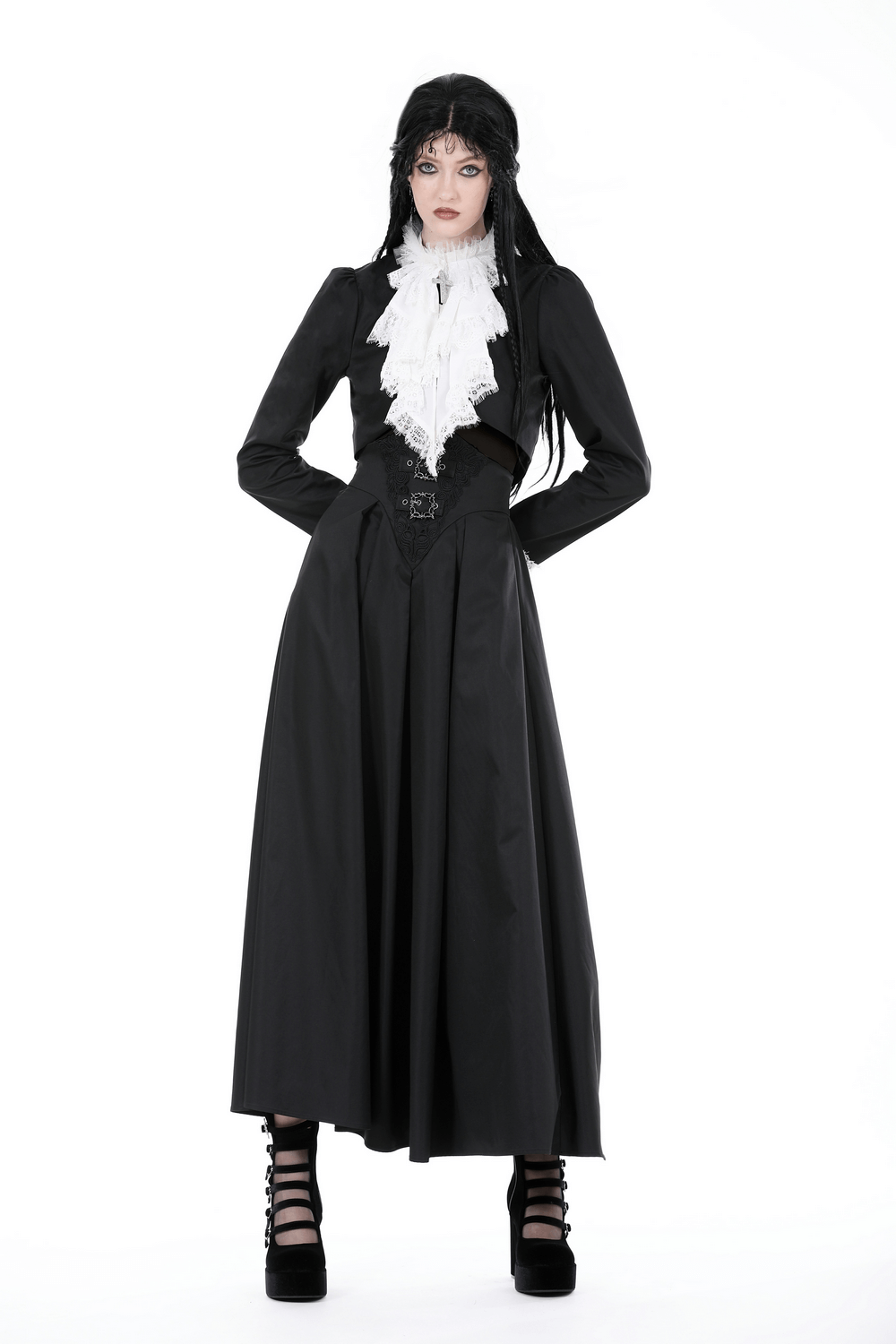 Gothic black cropped lace jacket with white ruffle collar, stylish and versatile for any outfit.