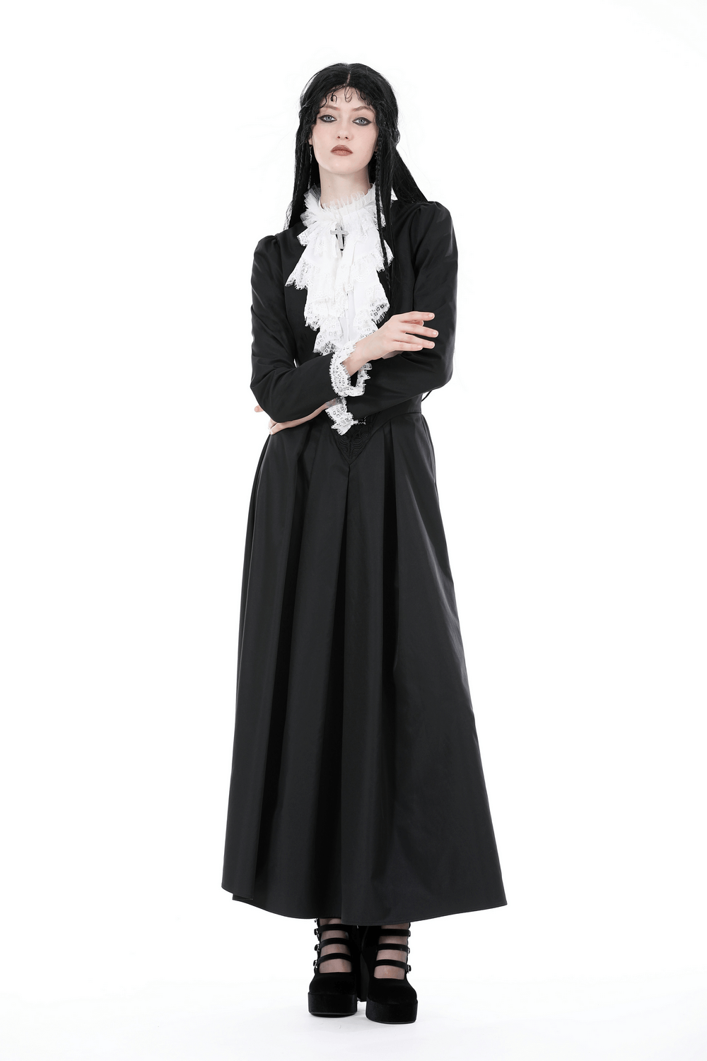 Gothic cropped lace short jacket with white ruffle collar styled elegantly on a model.