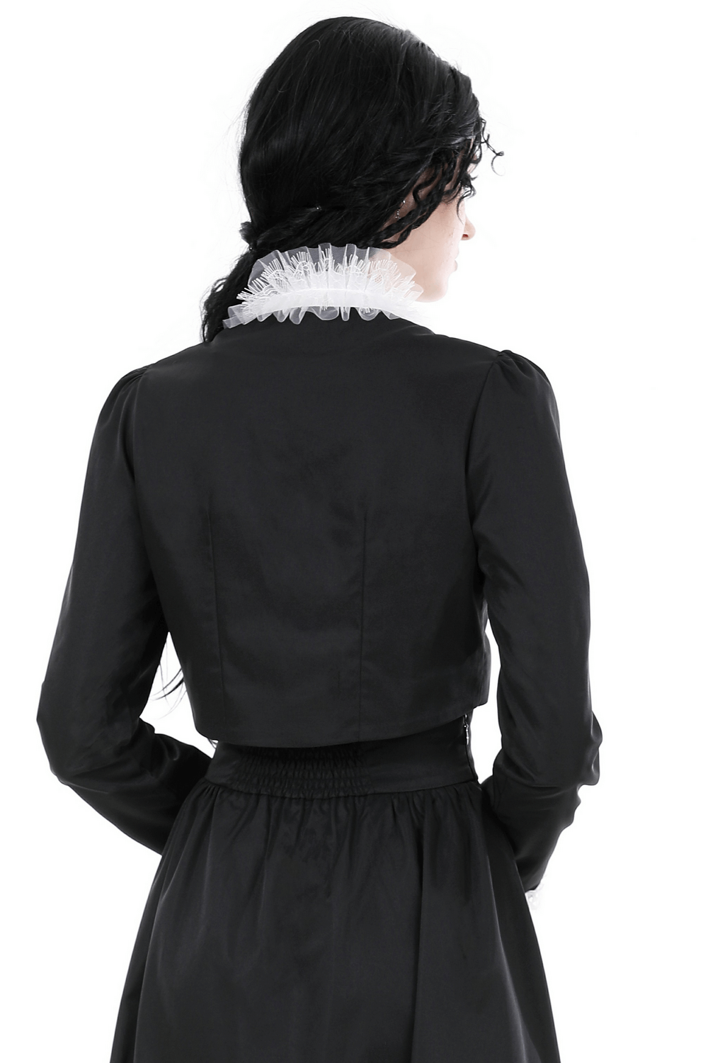 Gothic Cropped Lace Short Jacket with White Ruffle Collar