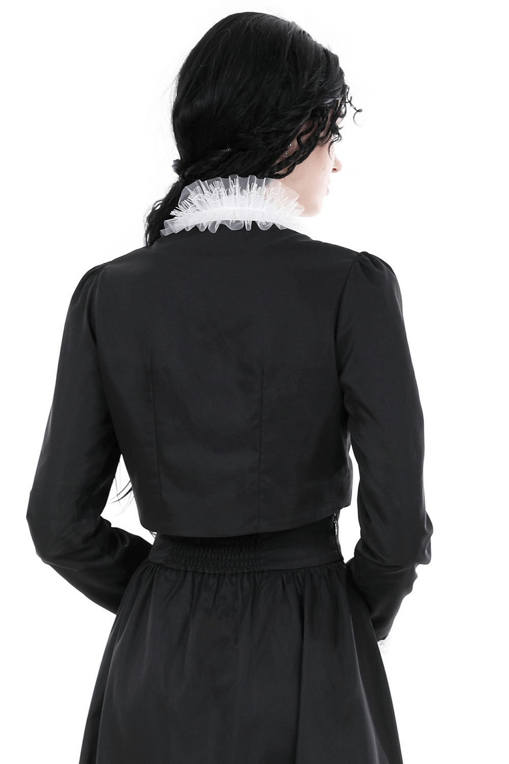 Back view of gothic cropped black jacket with white ruffle collar and lace detail, perfect for adding gothic style to outfits.