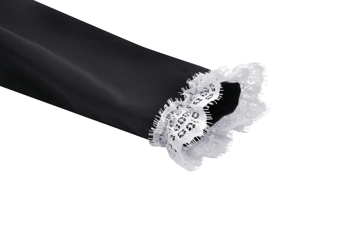 Close-up of gothic style black jacket sleeve with delicate white lace trim.