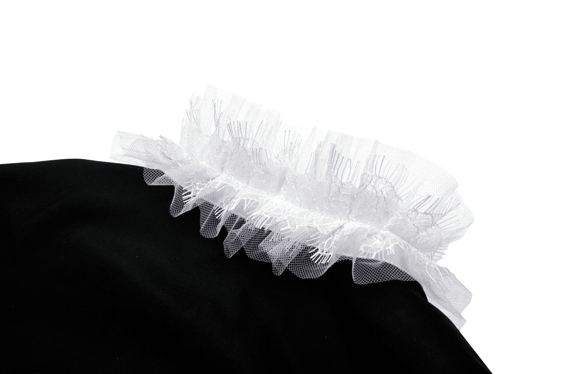 Close-up of white ruffle collar on black gothic cropped lace jacket, showcasing chic and feminine design.
