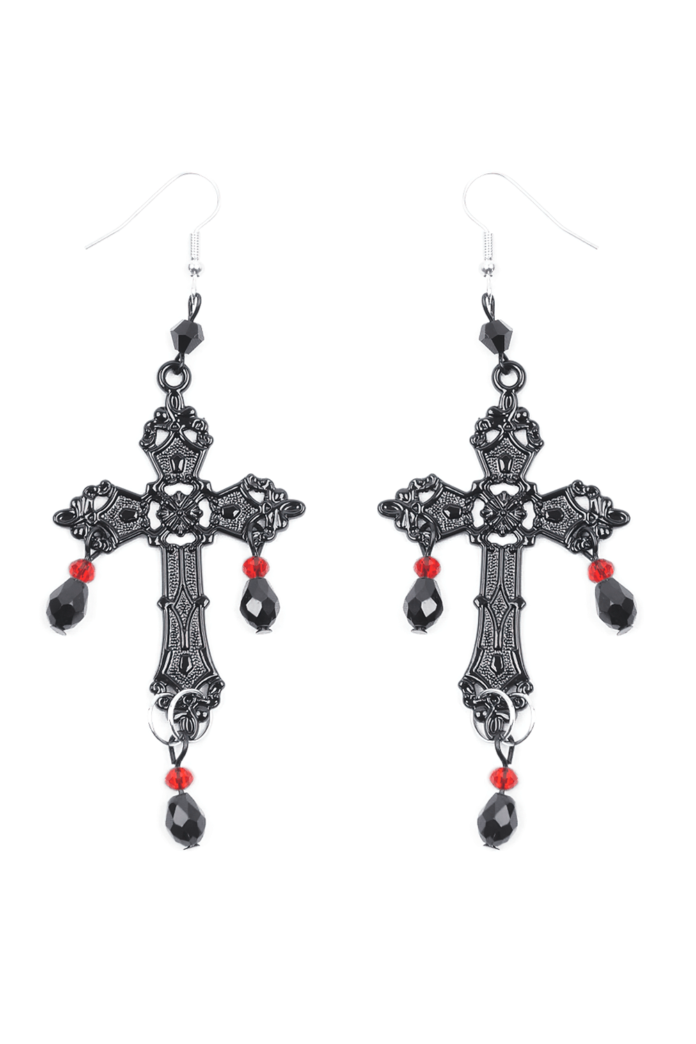 Gothic Cross Earrings with Black and Red Beads