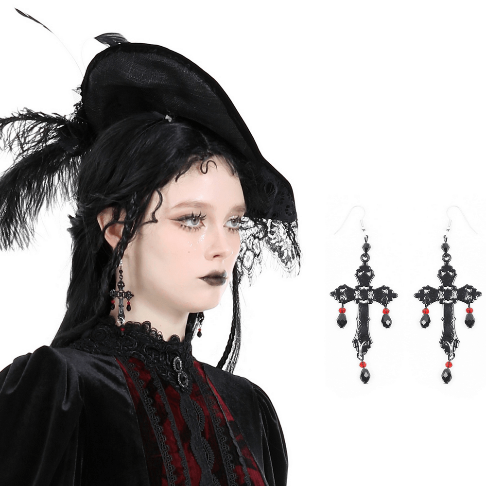 Gothic Cross Earrings with Black and Red Beads