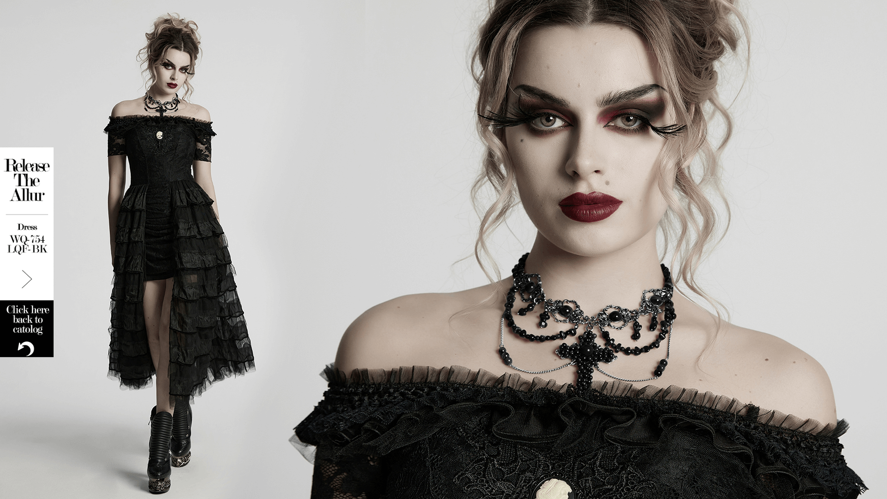 Gothic model wearing a dramatic black off-shoulder dress with intricate details and a stunning gothic cross necklace.