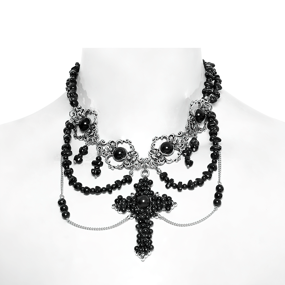 Gothic cross necklace featuring black beads and intricate alloy chains for a vintage-inspired look.