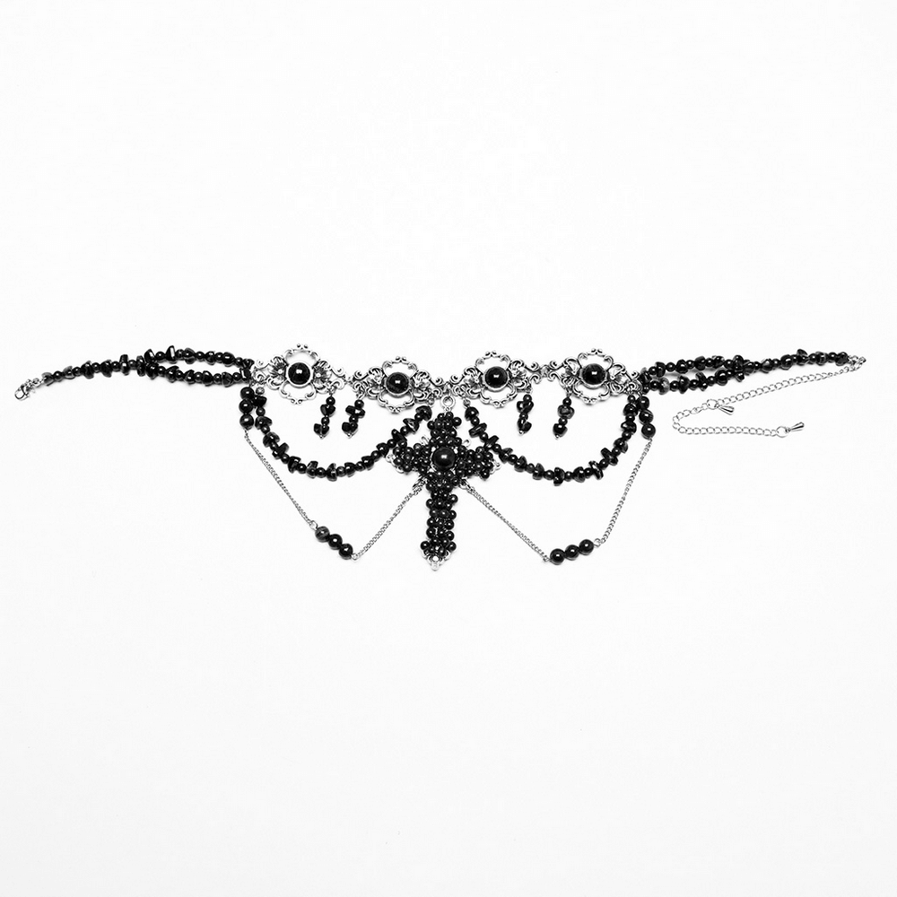 Gothic cross necklace with black beads and alloy chains, featuring vintage-inspired design and striking details.