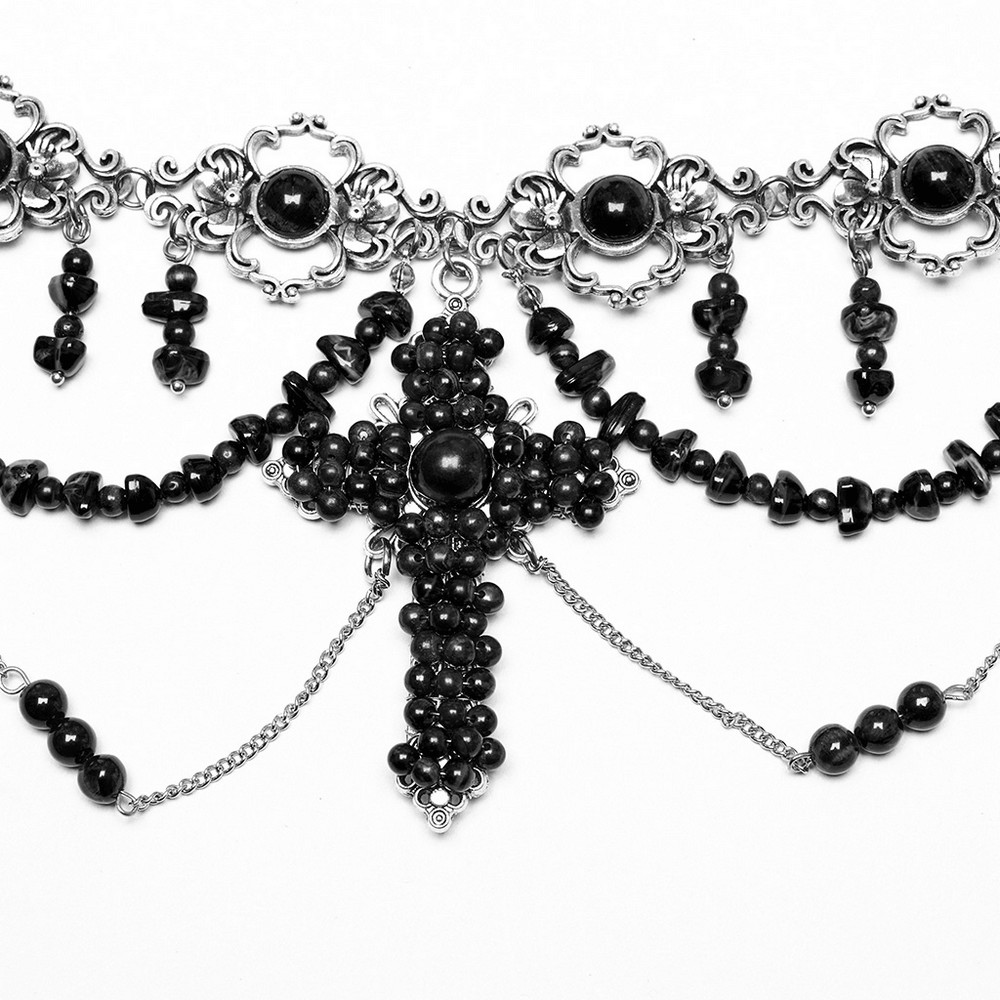 Gothic cross necklace with black beads and alloy chains, featuring a vintage-inspired carved design.