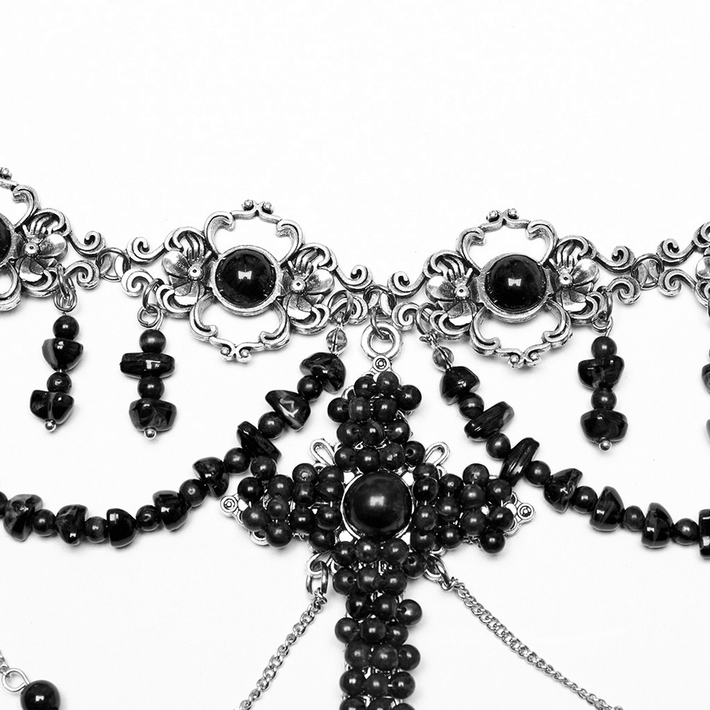 Gothic cross necklace with black beads and alloy chains, featuring decorative retro carved buckles.