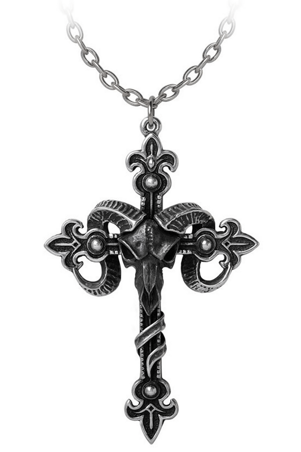 Gothic cross necklace with ram skull and ornate scrolls, crafted from antiqued pewter for a bold statement.