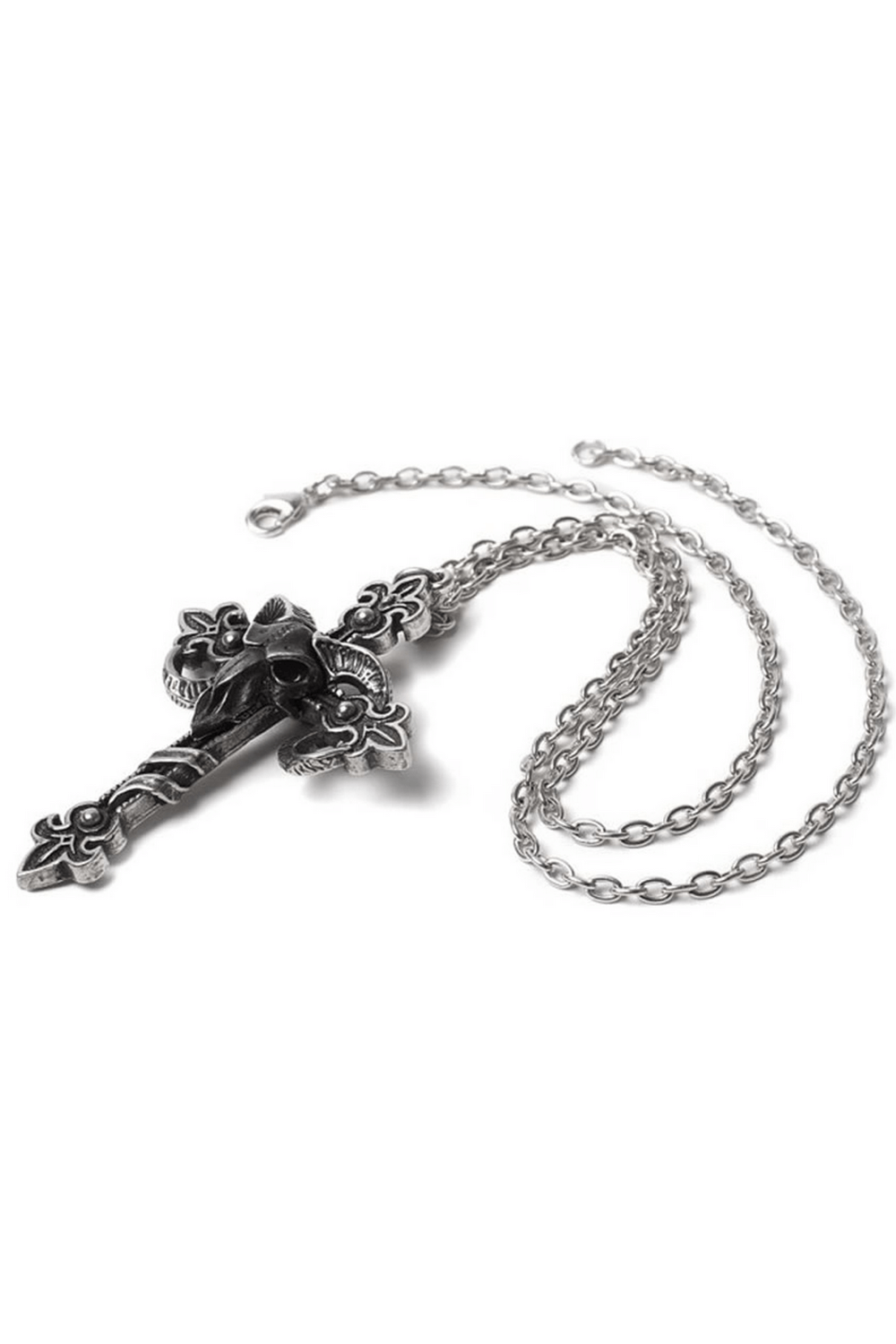 Gothic cross necklace with intricate fleur-de-lis details and ram skull design, crafted in antiqued pewter.