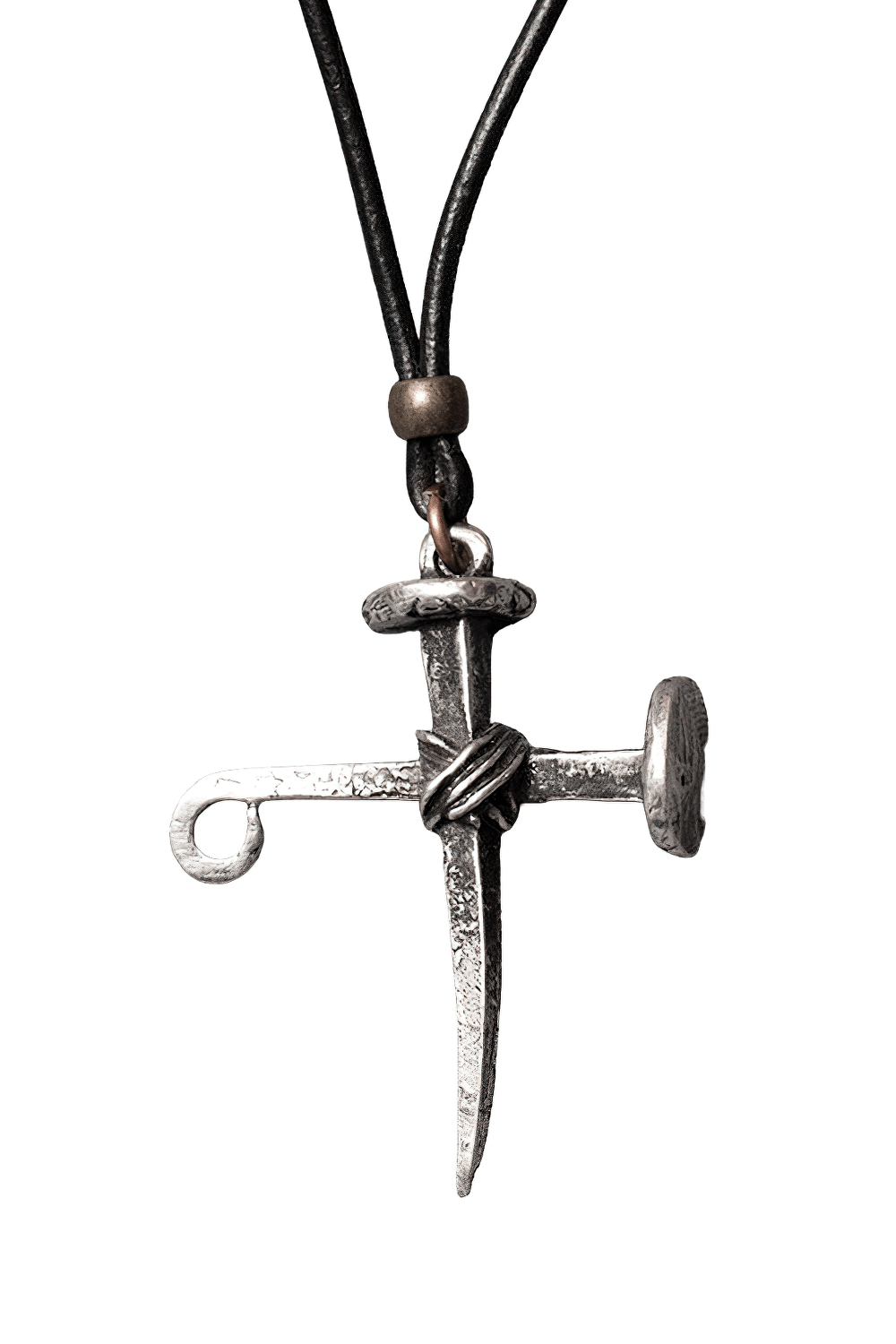 Gothic Cross of Nails Pewter Amulet Necklace Pendant with grey pewter design on black cord.