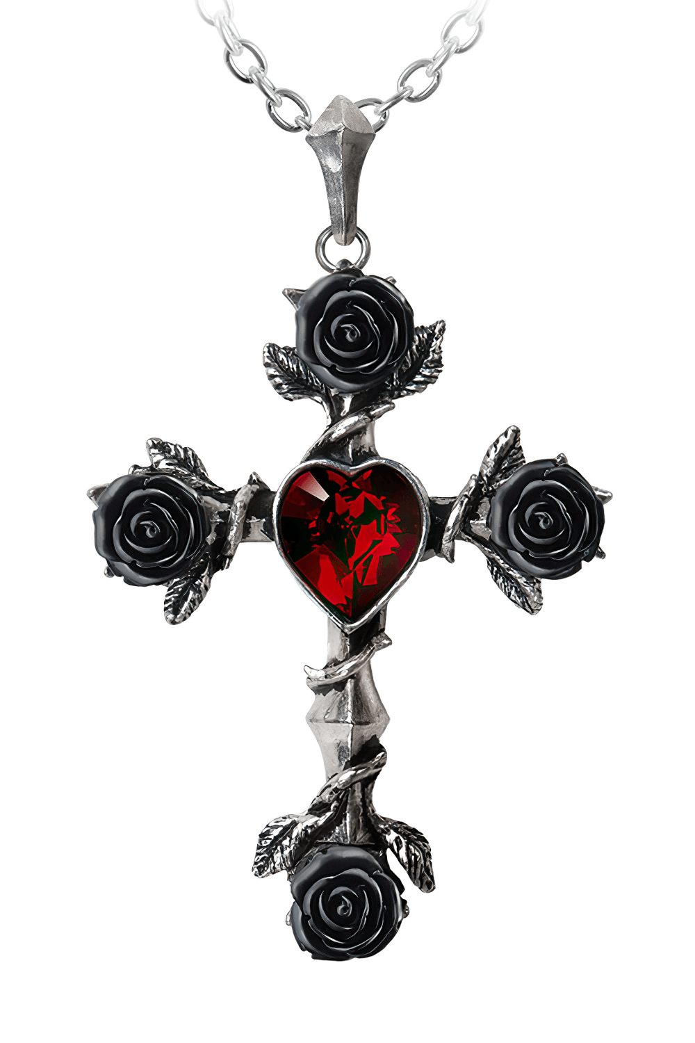 Gothic cross pendant with black roses and red crystal heart, symbolizing passion and mystery.
