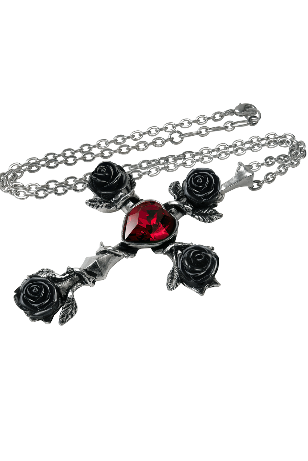 Gothic cross pendant with black roses, pewter finish, and a striking red crystal heart on a silver-tone chain.