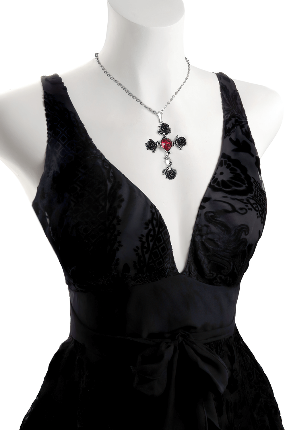 Gothic cross pendant with black roses and red crystal hanging on a stylish black dress.