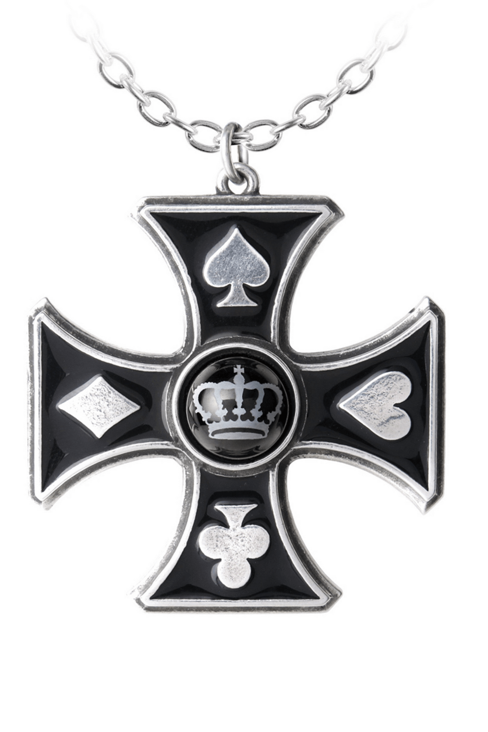 Gothic Cross Pendant with Crown and Card Suit Motifs featuring spade, heart, club, and diamond symbols in black enamel.
